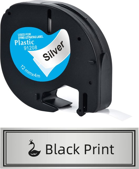 Phomemo Kunststoff-Etikettenband Schwarz auf Silber als Ersatz für DYMO LetraTag 100H LT-100T LT-200B und Phomemo P12 P12Pro - Bild 1