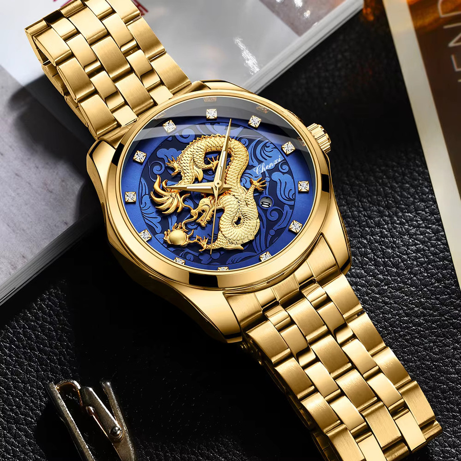 CHENXI Armbanduhr Edelstahl, Gold, Quarz, Herren, Blau, Datum, Leuchtzeiger - Bild 2