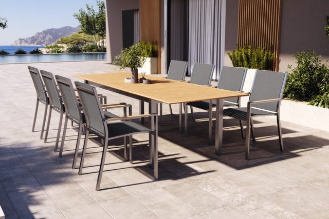 OUTFLEXX Glasgow Garten-Essgruppe für 8 Personen in Schwarz aus Edelstahl, Teakholz und Textilene mit ausziehbarem Tisch, B/T: 200 bis 300 cm x 100 cm, FSC-zertifiziert - Bild 1