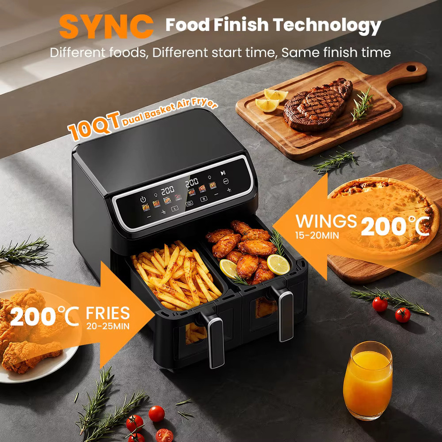 Patbrela Dual Air Fryer XXL Heißluftfritteuse mit 9L Kapazität, 2000W Doppelkorb-Fritteuse mit digitalem Touchscreen, Schwarz - Bild 3