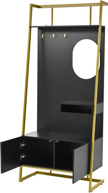 okwish Garderoben Set mit Spiegel und Sitzbank in Schwarz, B/T/H: 78,0 x 38,5 x 180,5 cm - Bild 1