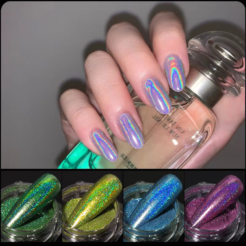 HotPress Nail Art Glitzerpulver, 12er Set, holografisch, 0,5 g pro Glas - Bild 2