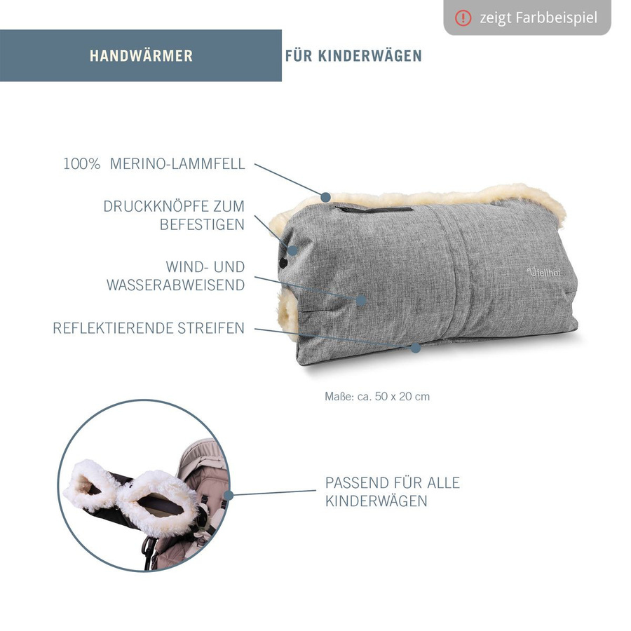 Fellhof Lammfell-Handwärmer für Buggy, Sport- und Kinderwagen in Graphite Melange mit reflektierenden Elementen - Bild 2