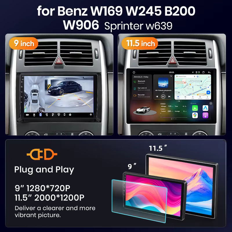 Junsun 8 Core Wireless CarPlay und Android Auto Autoradio mit 4G und WiFi für Mercedes Benz W164 W169 W245 B200 W906 Sprinter W639 Vito in Schwarz - Bild 4