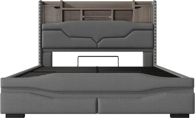 okwish Polsterbett Grau mit LED, USB-Anschluss und Staufach durch Hydraulik, B/T/H: 140 x 200 x 145 cm - Bild 1