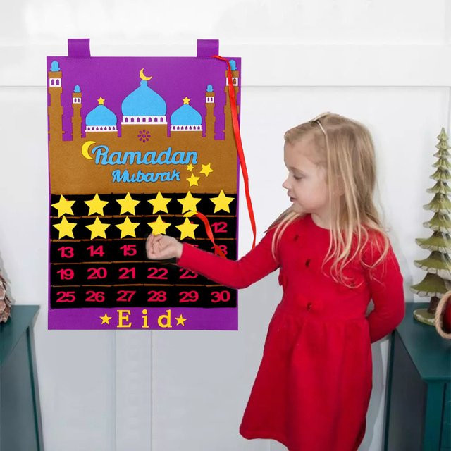 Huiran DIY Eid Mubarak Filz Ramadan Kalender mit Tasche für Kinder, Multicolour Countdown-Kalender für Ramadan 2025 und Muslimische Party-Dekoration - Bild 1