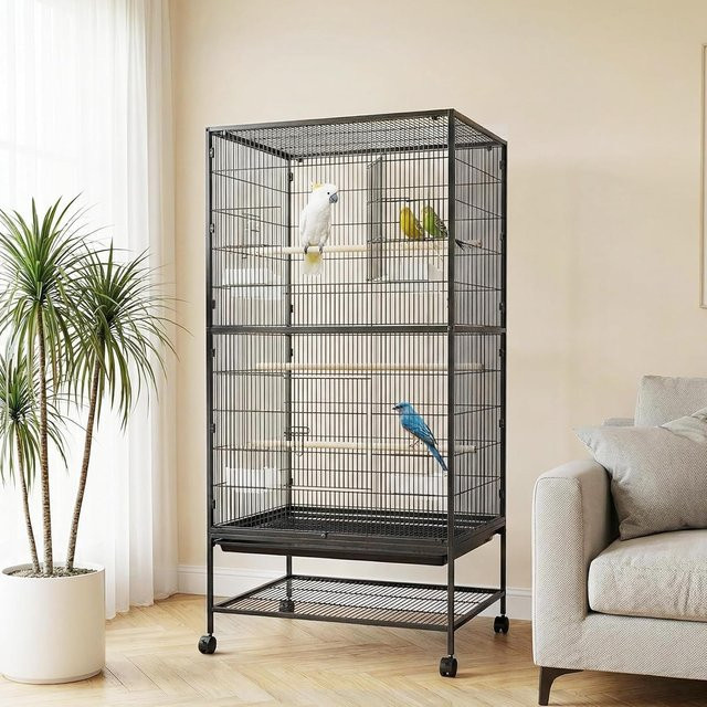 HiMISS Großer Vogelkäfig in Schwarz mit Rollen, Aufbewahrungsständern und Futterschalen für Ara, Sittiche und Conuren - Bild 1