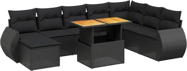 vidaXL 9-tlg. Garten-Sofagarnitur in L-Form aus Poly-Rattan und Akazienholz mit Kissen in Schwarz - Bild 1