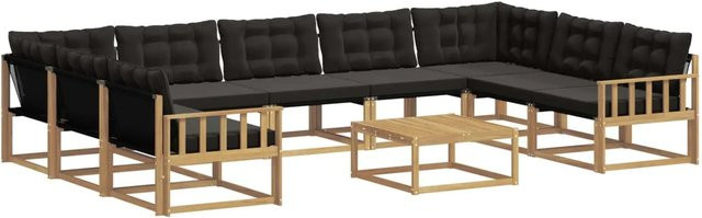 vidaXL Outdoor-Sofagarnitur in L-Form aus massivem Akazienholz mit Textilene und Kissen, 10-teiliges Set, Weiß-Schwarz - Bild 1