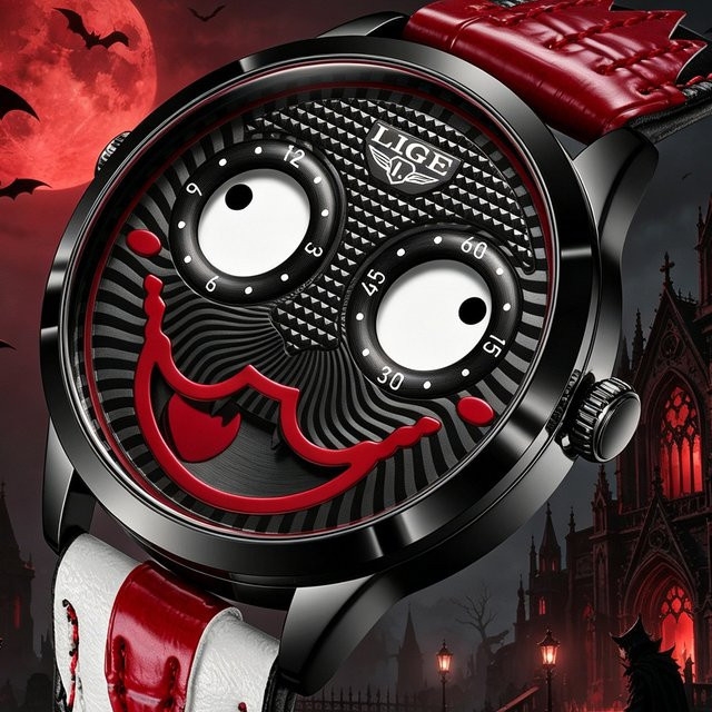 LIGE Armbanduhr Quarz, Leder, Grün, Mondphasen, Herren - Bild 1
