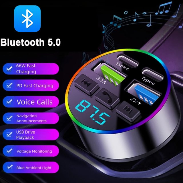 Multifunktionaler Bluetooth 5.0 FM-Transmitter und Auto-Ladegerät mit MP3-Musikplayer und USB-Anschluss in Schwarz - Bild 1