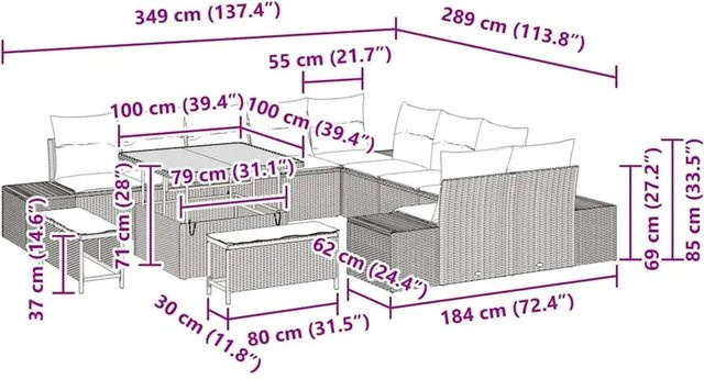 vidaXL Garten-Sofa-Set aus Polyrattan in Schwarz mit Kissen, 13-teiliges Lounge-Set in U-Form - Bild 1