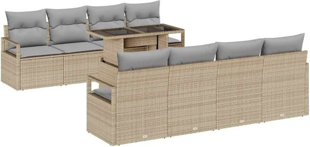 vidaXL Gartensofa-Set aus Poly-Rattan in Beige und Grau, 9-teiliges Set mit Kissen und Tisch, UV-beständig und wetterfest - Bild 1