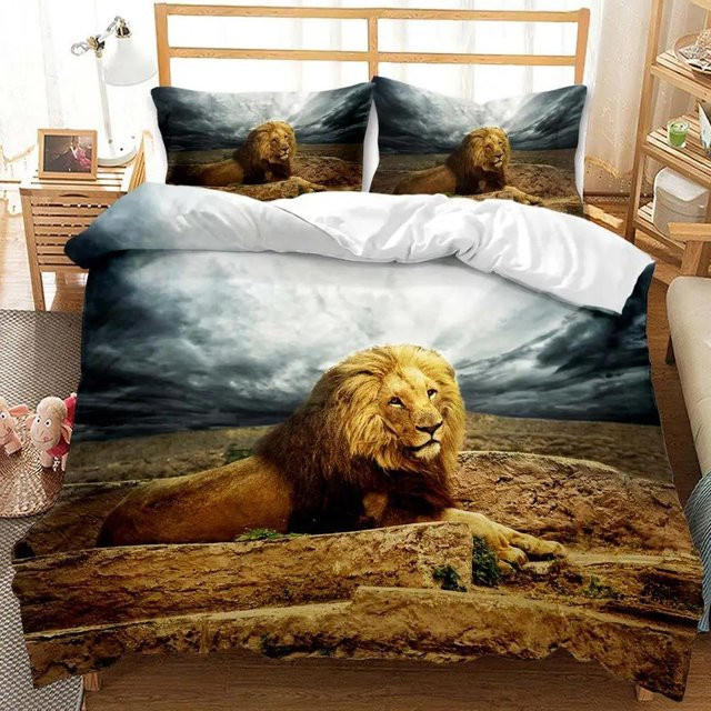 Bettwäsche-Set mit Löwe und Tiger in Grau von Your Warm Home, 2-teiliges Kinder-Bettbezug-Set aus Polyester mit 3D-Tierprint, Breite: 133 cm, Höhe: 218 cm - Bild 1