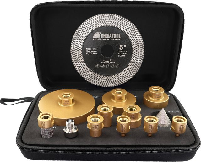 SHDIATOOL 13-teiliges Diamantbohrer-Set in Gold mit Lochsägen 6–110 mm, Fräser, Fase, Trennscheibe und Sechskant-Adapter für Fliesen - Bild 1