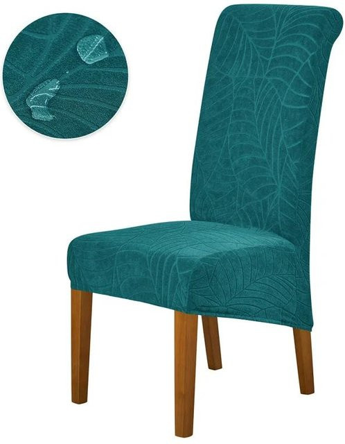 Elastischer Esszimmerstuhlbezug mit Blätter-Jacquard-Muster in Blau für lange Rückenlehnen - Bild 1