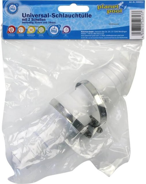 Planet Pool Universalschlauchtülle mit 2 Schellen als Schlauchverbinder in Weiß für 32 mm und 38 mm - Bild 1