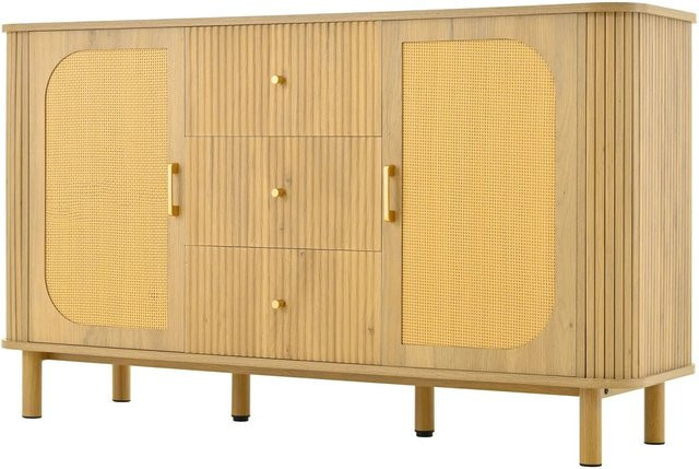 okwish Sideboard mit Schubladen und Regalen für Wohnzimmer und Esszimmer, Farbe: Natur/Beige/Braun, B/T/H: 140 x 40 x 80 cm - Bild 1