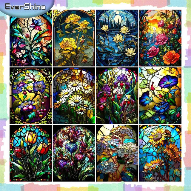 EverShine Diamantmalerei Blumenmotiv Pfingstrose und Tulpe als Mosaik-Glasmalerei in Mehrfarbig, Durchmesser: 20 cm, Höhe: 30 cm - Bild 1