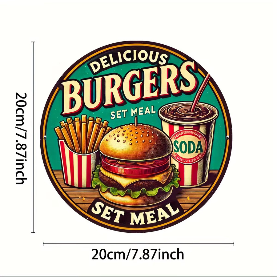 Potdemiel Metallschild Delicious Burgers im Vintage-Stil, runde Aluminium-Wandkunst, Mehrfarbig, Durchmesser: 20,3 cm - Bild 2