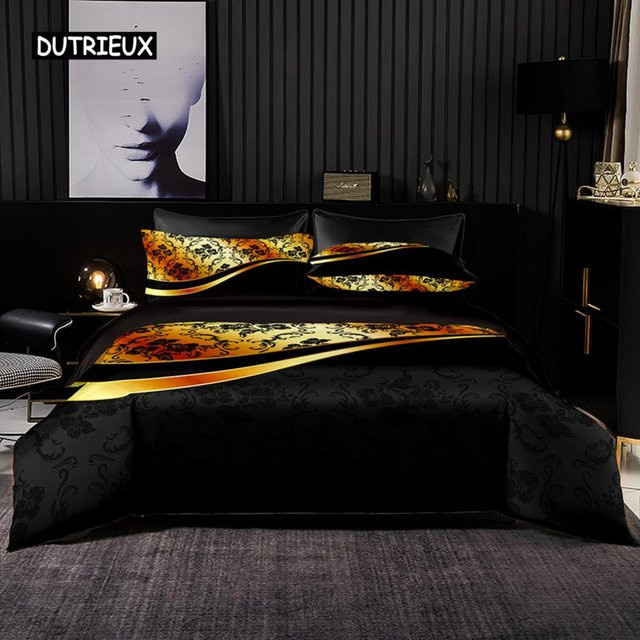 Binchi Bettwäsche-Set mit Blumenmuster in Schwarz-Gold, 3-teilig aus Mikrofaser, B/H: 140 x 200 cm - Bild 1