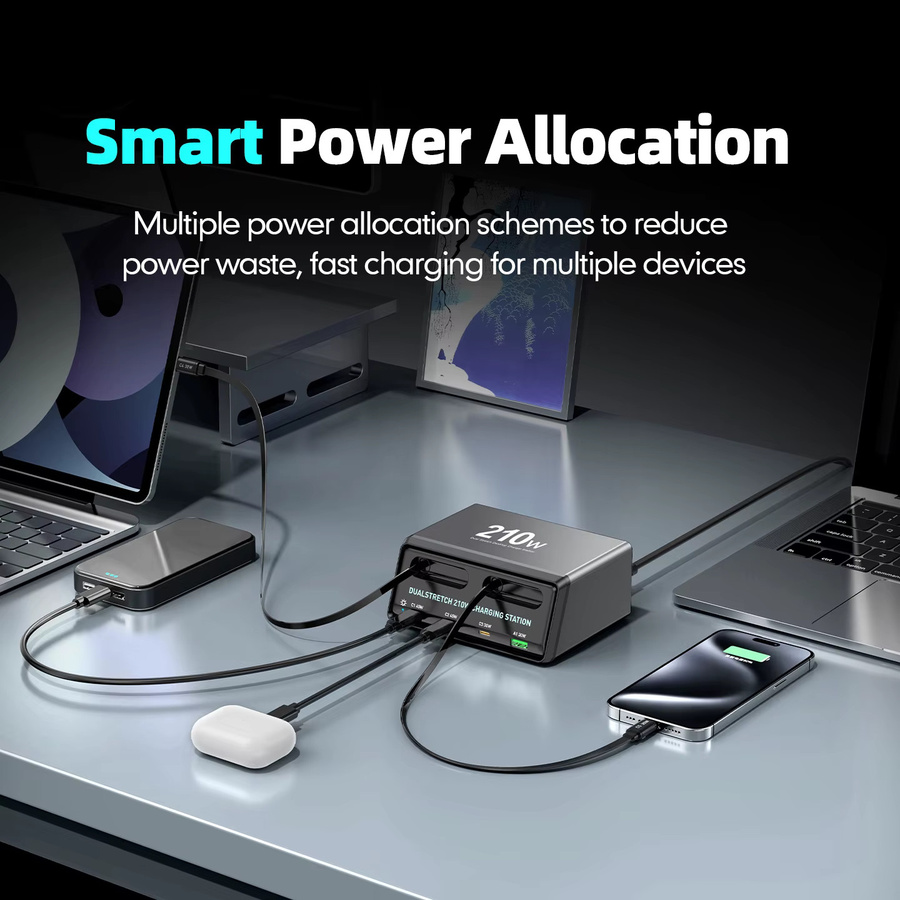 ILEPO 6-in-1 Ladestation Power Combo Tower mit 210 W Schnellladegerät und einziehbarem USB-C-Kabel in Schwarz - Bild 3