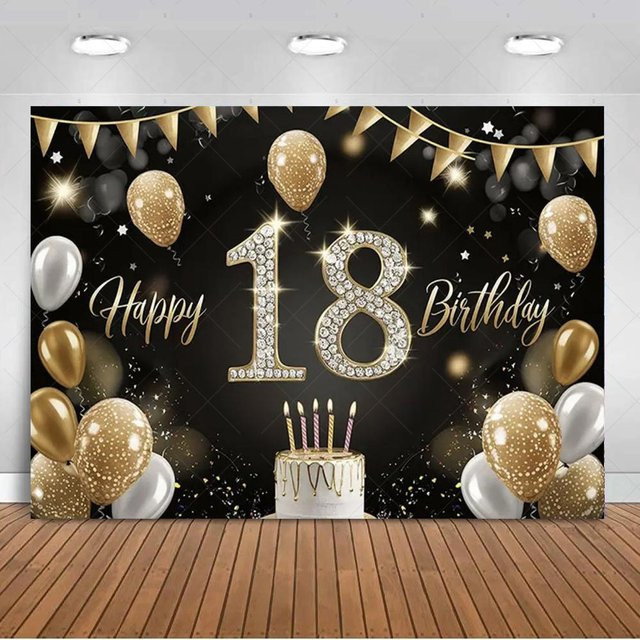 PopPartyLab Party Dekoration Hintergrund für den 18. Geburtstag in Schwarz und Gold mit Glitzer, Schmetterlingen und Herzen, Breite: 150 cm, Höhe: 100 cm - Bild 1