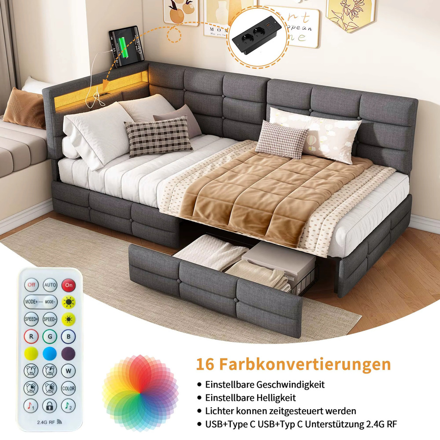 FANGANGE L-förmiges Polsterbett aus Leinen mit LED-Streifen und Stauraum, B/T: 90 x 200 cm, Beige & Grau - Bild 2