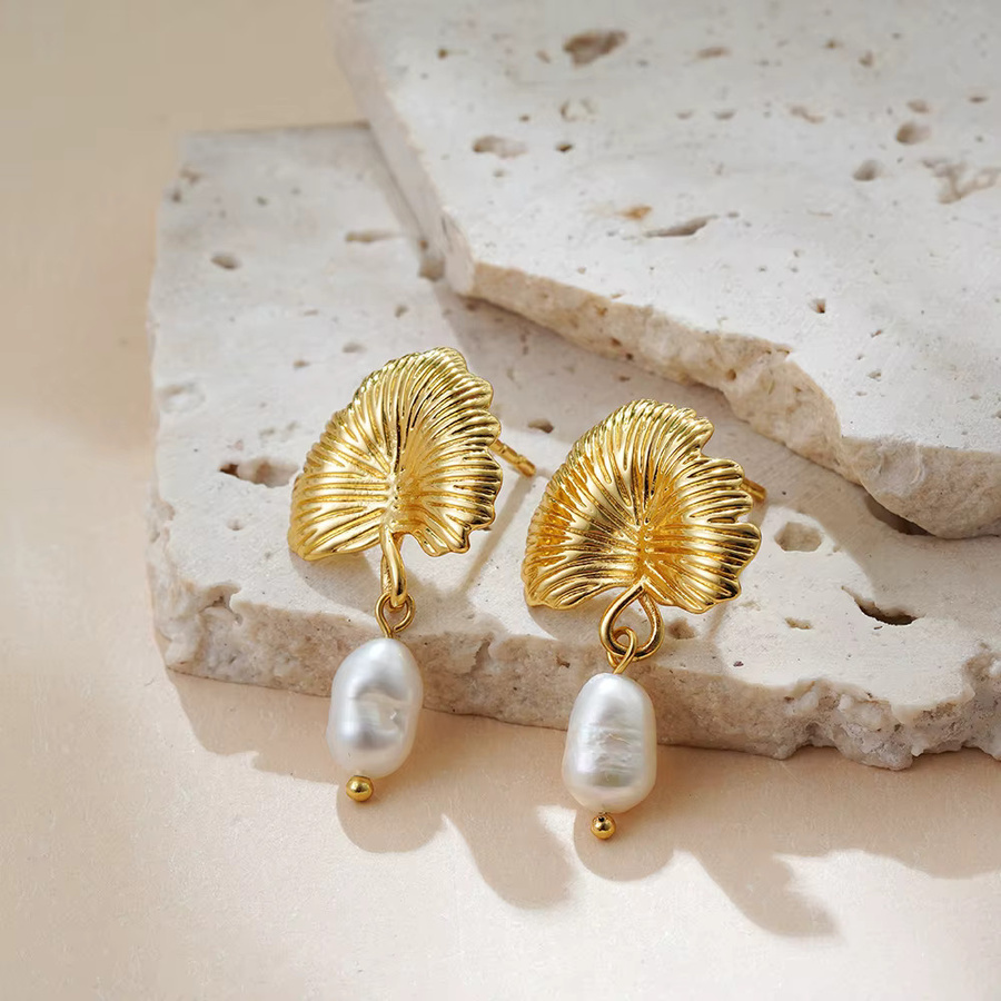 Erpels Ohrringe Ginkgoblatt-Anhänger, vergoldet, Perle, Damen - Bild 2