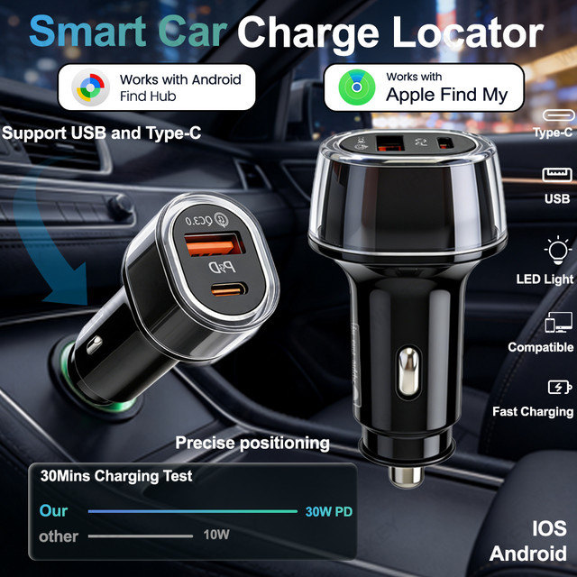 Peocke 2-in-1 Autoladegerät mit USB-C QC3.0 Schnellladegerät 20W und GPS-Tracker in Schwarz - Bild 1