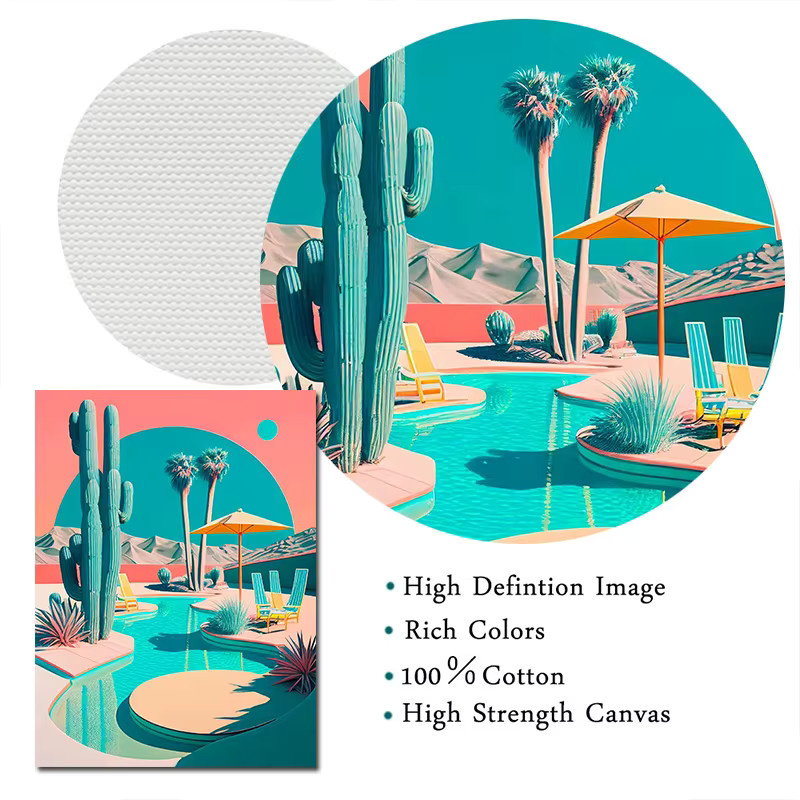 Potdemiel Retro Futuristische Beachside Palmen Wüste Schwimmbad Leinwand Wandkunst Mehrfarbig - Bild 5