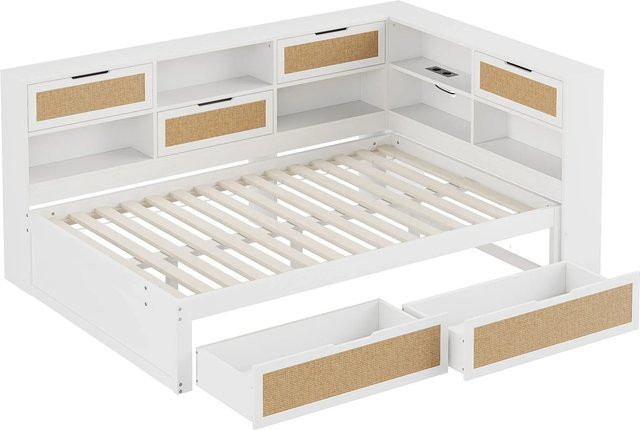 Merax Schlafsofa in Weiß mit Massivholz-Elementen, USB-Anschluss und Schubladen, B/T/H: 225 x 140 x 80 cm - Bild 1