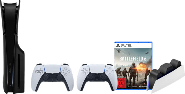 Sony PlayStation 5 Slim mit Laufwerk inklusive Battlefield 6, schwarzen Covern, weißem Controller und Ladestation - Bild 1