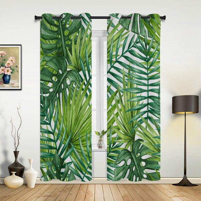 Yiran Furniture Vorhänge mit Palmenblatt-Design in Gelb, Grau, Weiß und Grün, 2er-Set, B: 135 cm, H: 115 cm - Bild 1