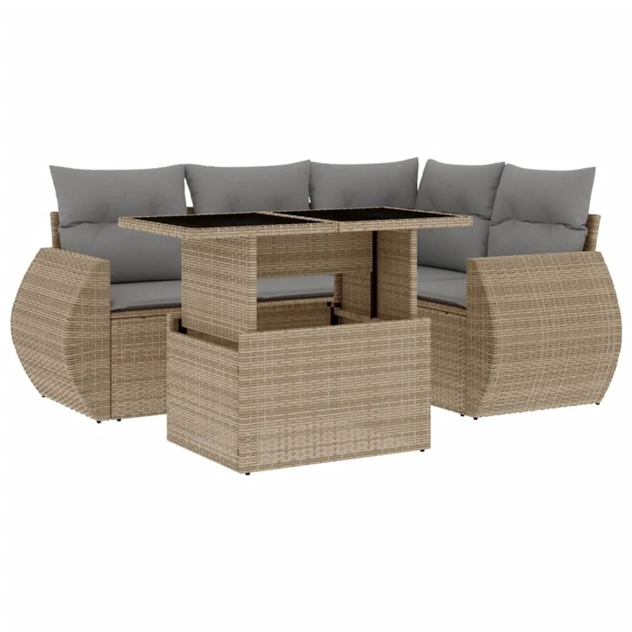 vidaXL 5-teilige L-Shape Garten-Sofagarnitur aus PE-Rattan in Beige mit Kissen und pulverbeschichtetem Stahlgestell - Bild 2