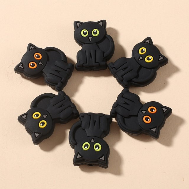 10 Stück Silikon Perlen in Katzenform für DIY Schnullerketten und Beißringe, Farben: Orange und Schwarz, B/H: 20 x 28 mm - Bild 1
