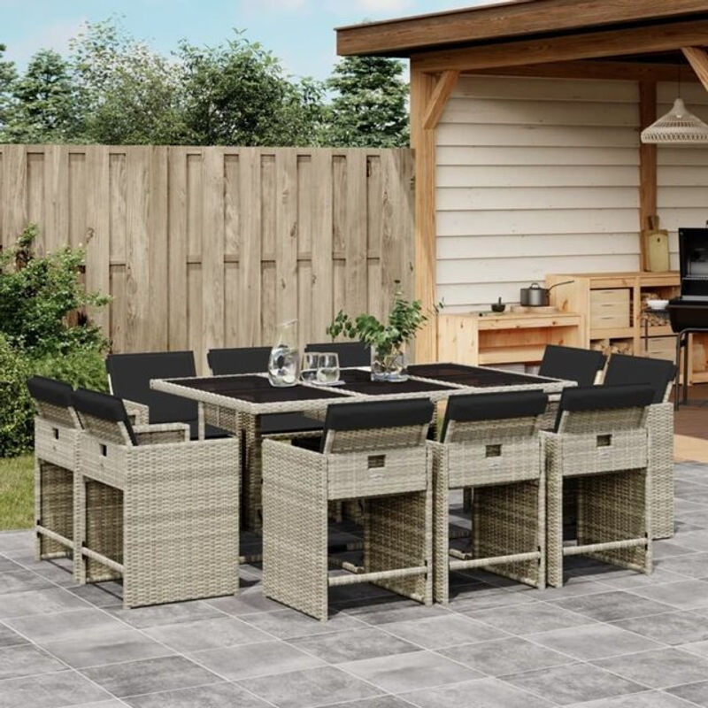 11-teilige moderne Garten-Essgruppe aus Poly-Rattan mit Kissen in Hellgrau von vidaxl - Bild 1