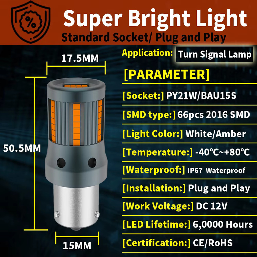 Neallor 2 Stück PY21W BAU15S 1156 LED Blinkerbirnen mit integriertem Canbus Widerstand, Fehlerfrei, Orange Bernstein - Bild 3