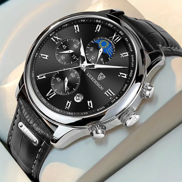 LIGE Armbanduhr, Quarzuhr, Leder, Schwarz, Silber, Herren - Bild 1