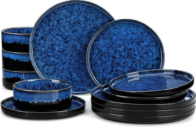 vancasso 36-teiliges Geschirrset aus Keramik in Schwarz-Blau mit reaktiver Glasur und vertikalem Rand - Bild 1