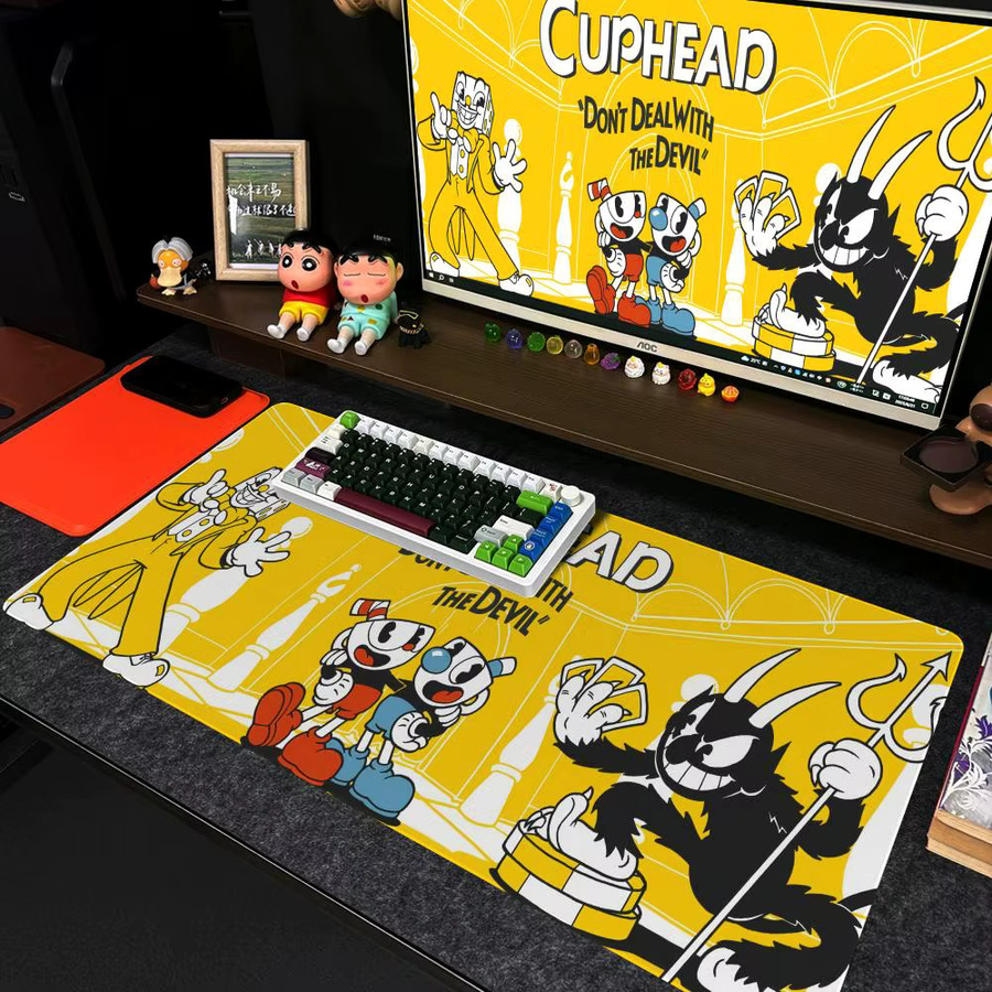 C-Cuphead Mauspad XXL Rutschfeste Gamer Schreibtischunterlage mit HD Art Design in Schwarz und Gelb, B/T: 90 x 40 cm - Bild 2