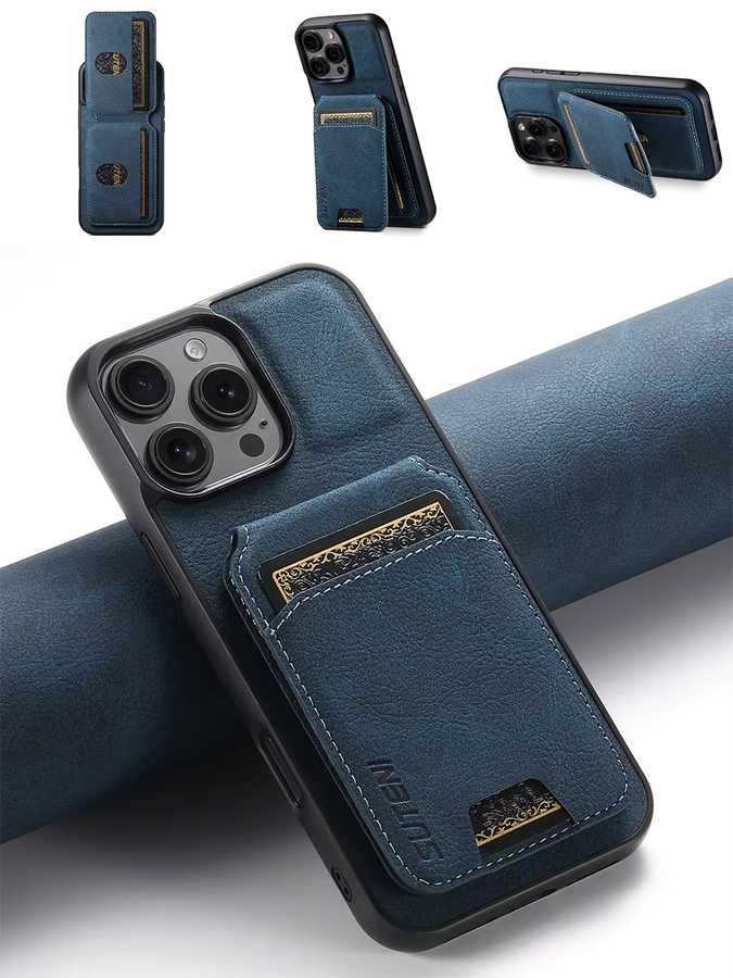 SUTENI Luxus Kunstleder Standhülle mit Lychee-Textur und Kartenfach in Blau für iPhone 17 Pro Max 16 Plus 15 14 13 12 mit mattiertem Finish - Bild 7