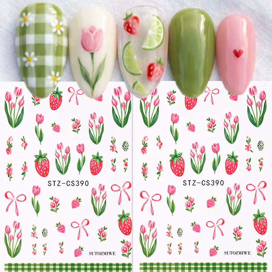 Nagelaufkleber Tulpenblumen, Rosa Tulpen, Erdbeere, Schleife, Glänzend - Bild 2