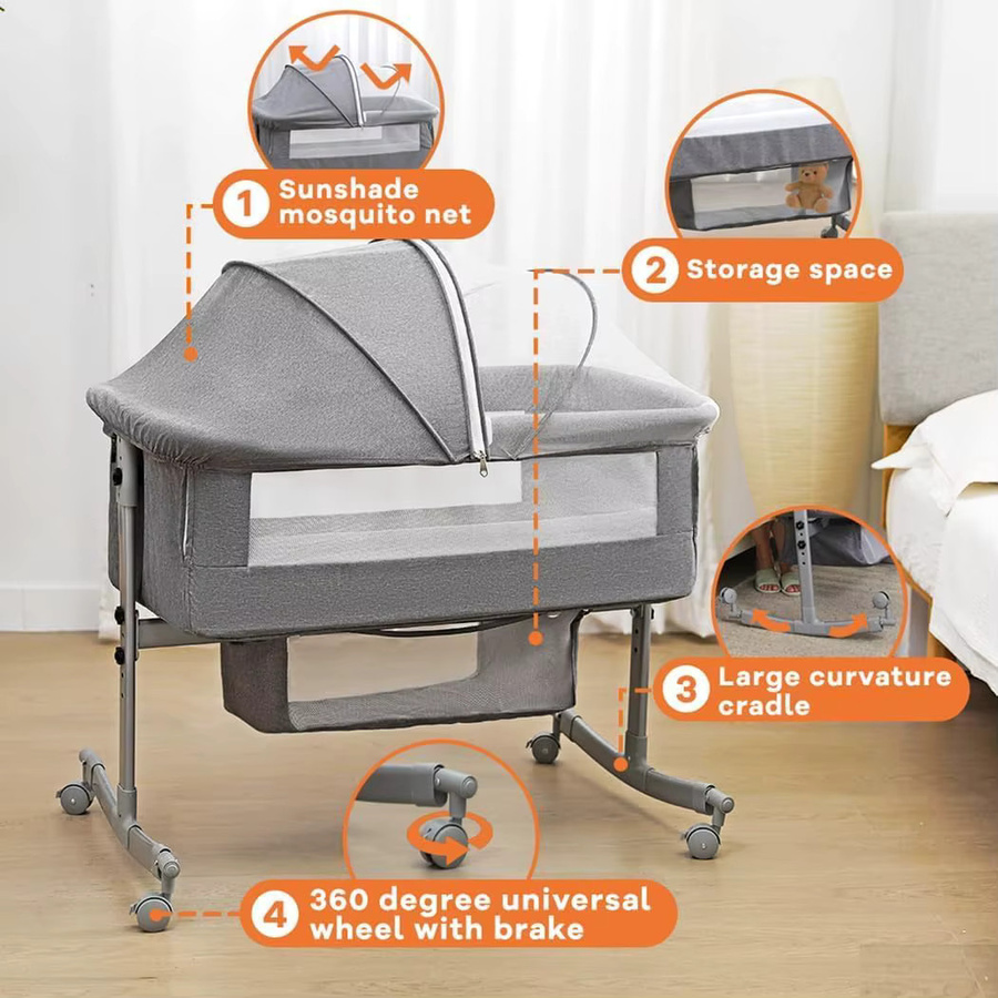OWJHE 3-in-1 Babybett als Beistellbett und Laufstall, grau, höhenverstellbar und faltbar mit Moskitonetz und Rollen - Bild 3