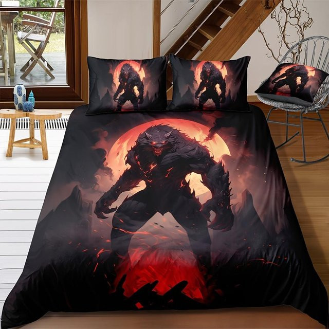 Bettwäscheset Your Warm Home mit Werwolf-Vollmond-Print, Schwarz, B/H: 135 x 200 cm - Bild 1
