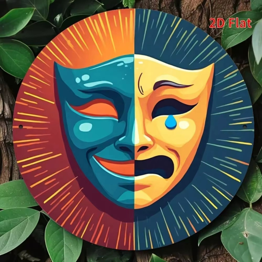 Vintage Metallschild CIFBUY mit Drama-Masken in Blaugrün und Rot, runde Wandkunst für dein Zuhause - Bild 3