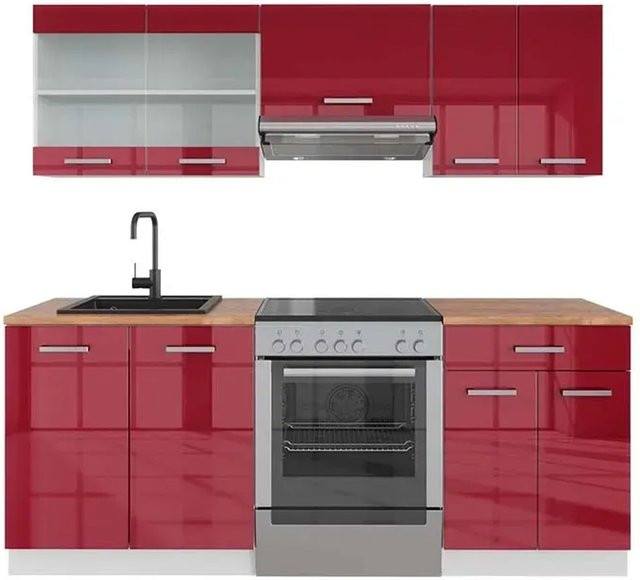 Vicco R-Line Küchenzeile Bordeaux Hochglanz und Weiß mit Eiche, Breite: 200 cm - Bild 1