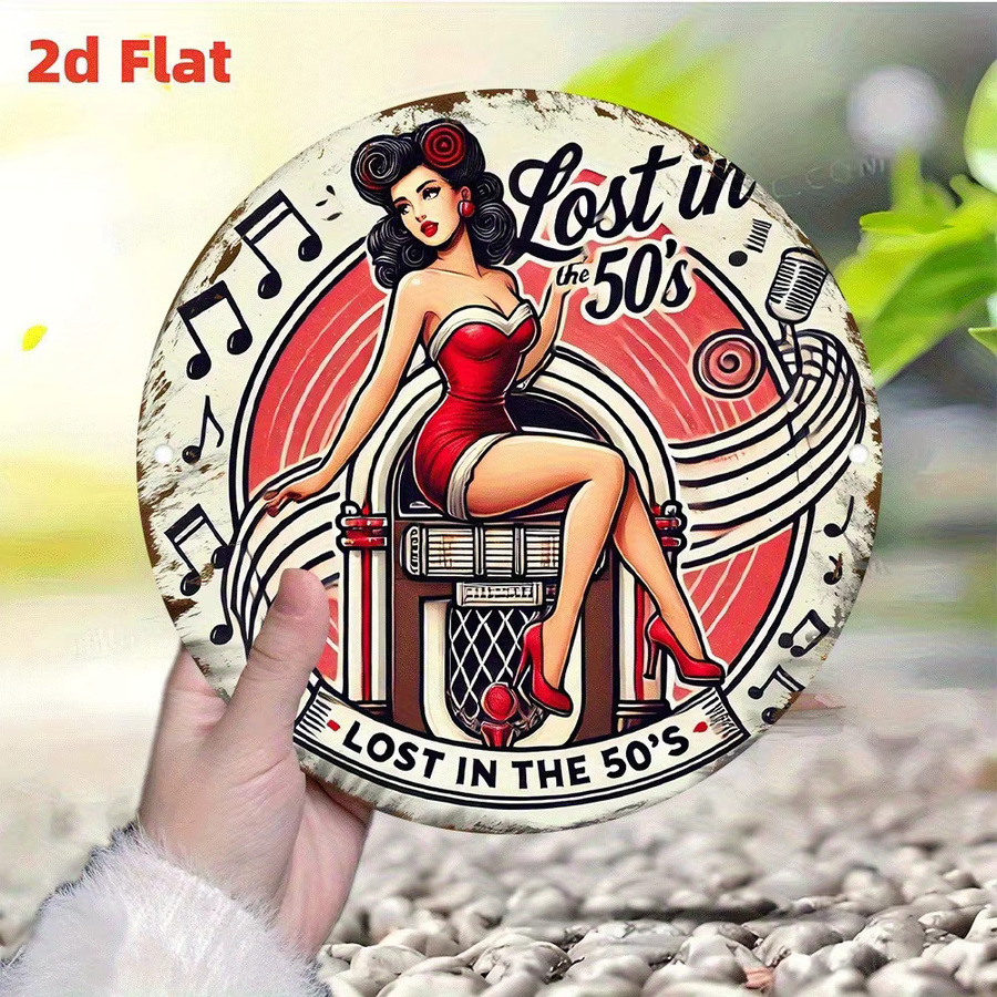 Potdemiel Retro-Metallschild Lost in the 50s Vintage Pin-Up Girl Wanddekoration, Rund, Rot/Mehrfarbig, Durchmesser: 20 cm - Bild 4