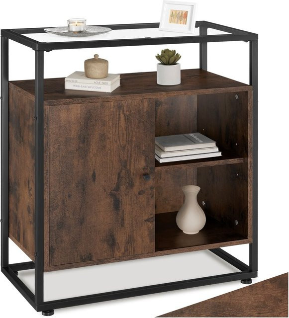 tectake Kommode im Industrial Style mit Glasplatte und Magnettür in Braun, B/T/H: 70 x 38 x 80,5 cm - Bild 1