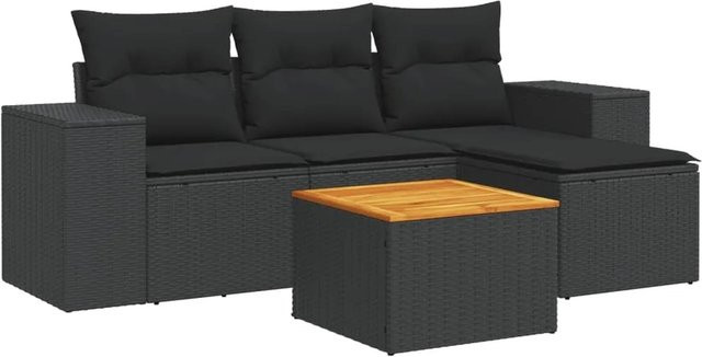 vidaXL 5-tlg Garten-Sofagarnitur aus Poly-Rattan und Akazienholz in Schwarz mit Kissen Modell 84 - Bild 1